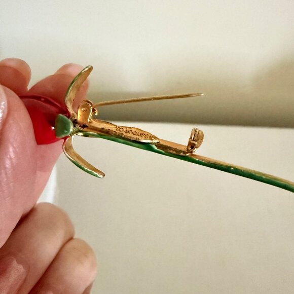 Vintage Sandor Co Red Enamel Rose Brooch Gold Tone Pin 3 Inch Floral Jewelry - Picture 5 of 11